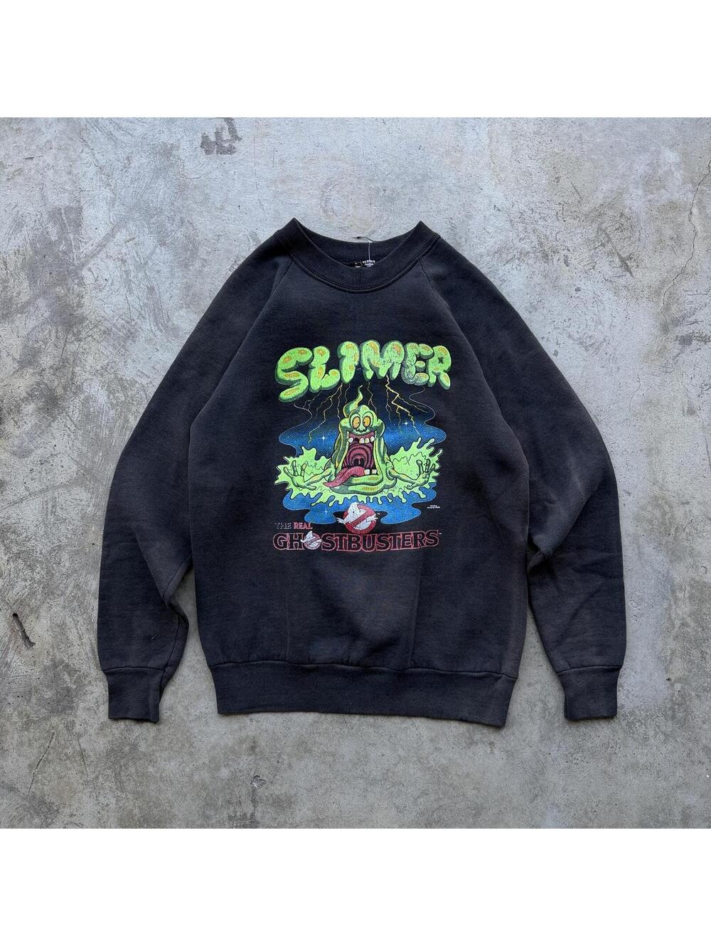 Vintage 80s Ghostbusters Slimer Sun Faded black Crewneck XS
